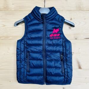 Doudoune sans manche bleu logo rose